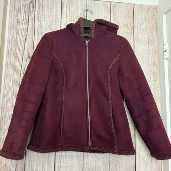 LL Bean Womens Burgundy Faux Shearling Microsuede Jacket size Large - Picture 1 of 9